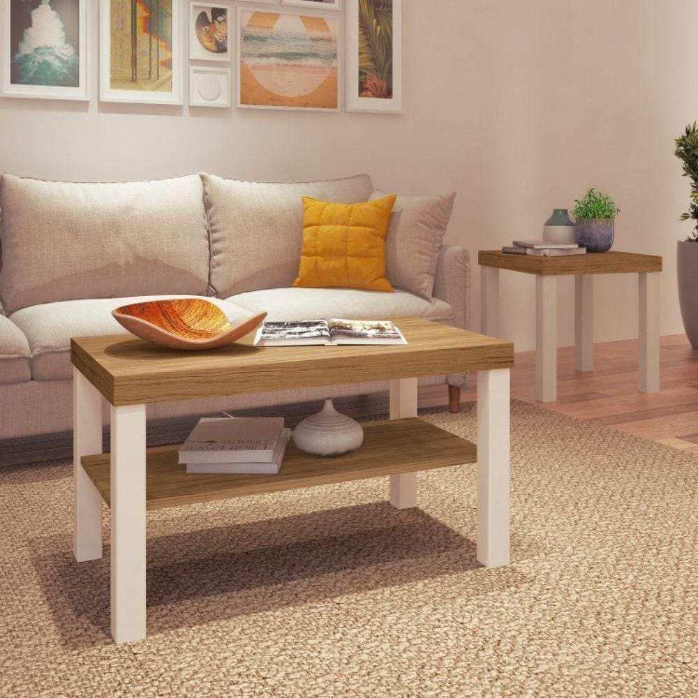 Conjunto Sala de Estar Mesa de Centro e Mesa de Apoio Sky Carvalho/Off White