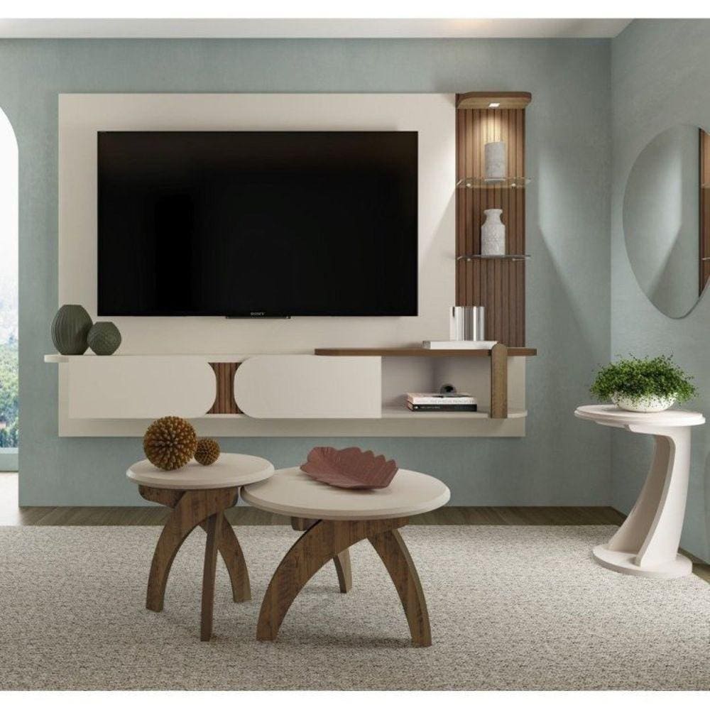 Conjunto Sala de Estar Painel para TV até 72 Pol com Mesa de Centro e 2 Mesas Laterais Jade/Tutti Off White/Pinho