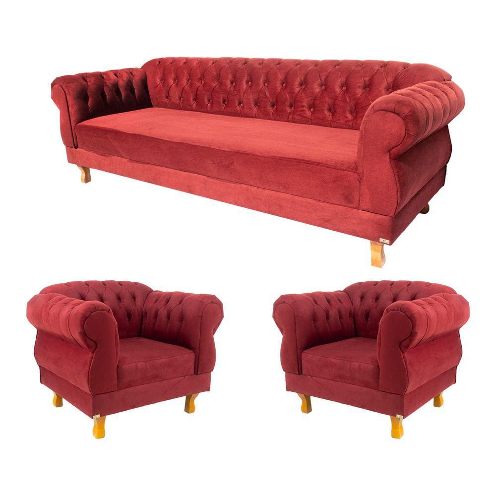 1 Sofá 2,30cm + 2 Poltronas Chesterfield Elisabeth Suede Bordo