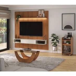 Conjunto Sala de Estar Painel para TV até 75 Pol Atenas com Mesa de Centro Onda e Carrinho Bar Brito Cinamomo/Off White
