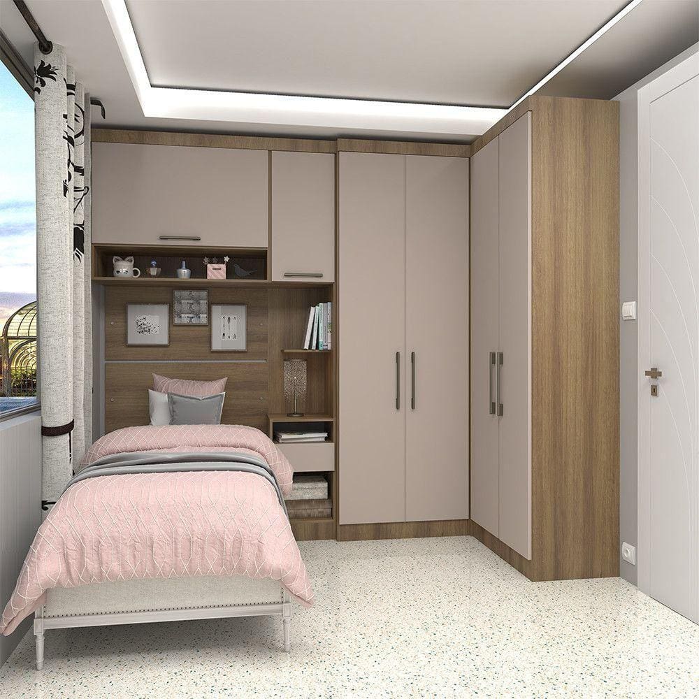 Quarto De Canto Solteiro Com Guarda Roupas Cabeceira E Mesa De Cabeceira Paris Luciane Móveis Avelã Pf Com Cinammon Pf