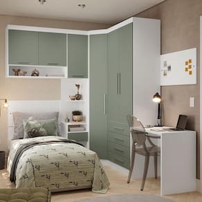 Quarto De Canto Solteiro Com Guarda Roupas Cabeceira E Escrivaninha Alpes Luciane Móveis Branco Pf Com Verde Pf