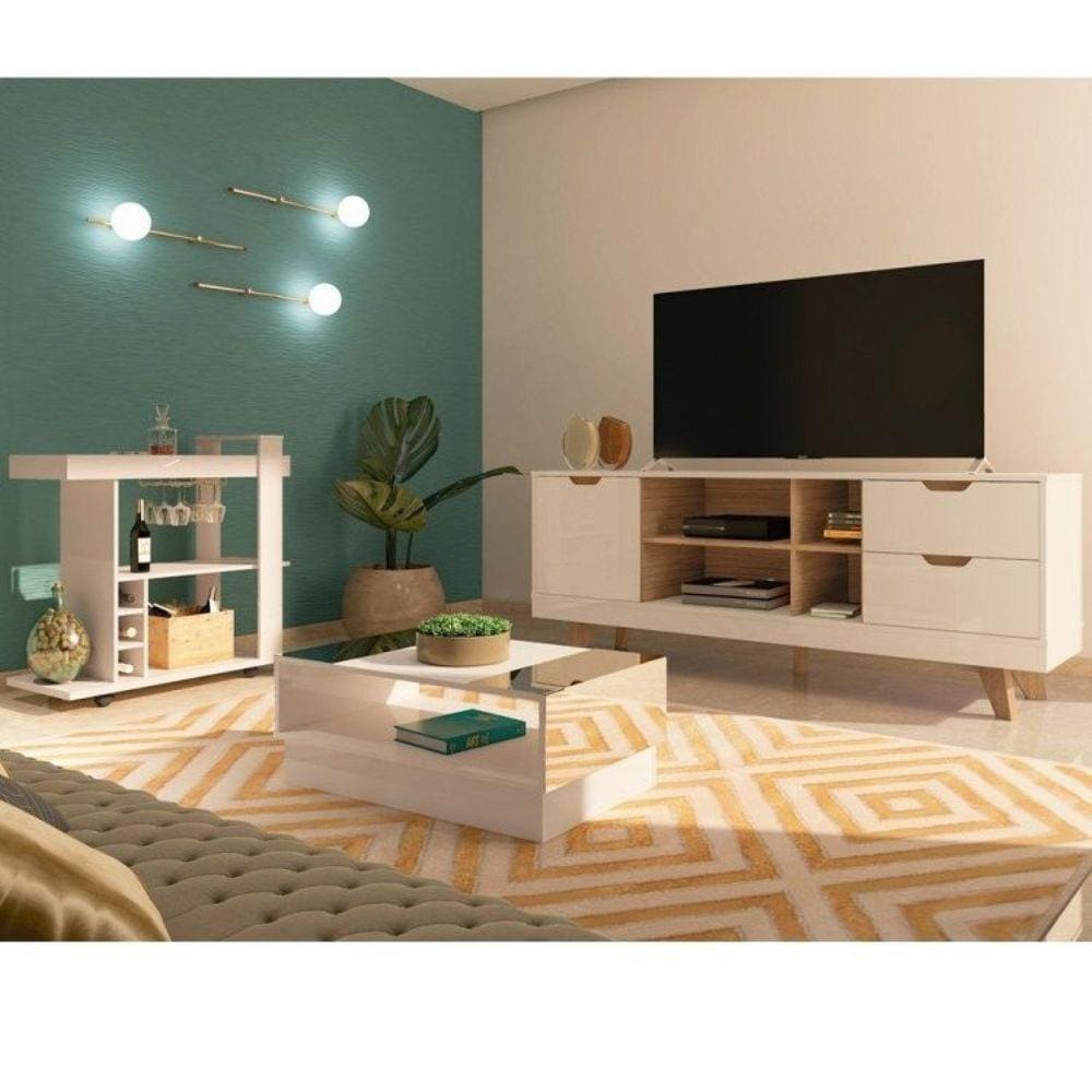 Conjunto Sala de Estar Rack para TV até 60 Pol com Mesa de Centro com Espelho e Bar Móvel Espelhado Branco