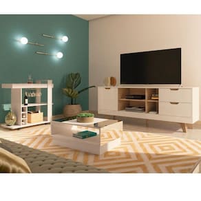 Conjunto Sala de Estar Rack para TV até 60 Pol com Mesa de Centro com Espelho e Bar Móvel Espelhado Branco