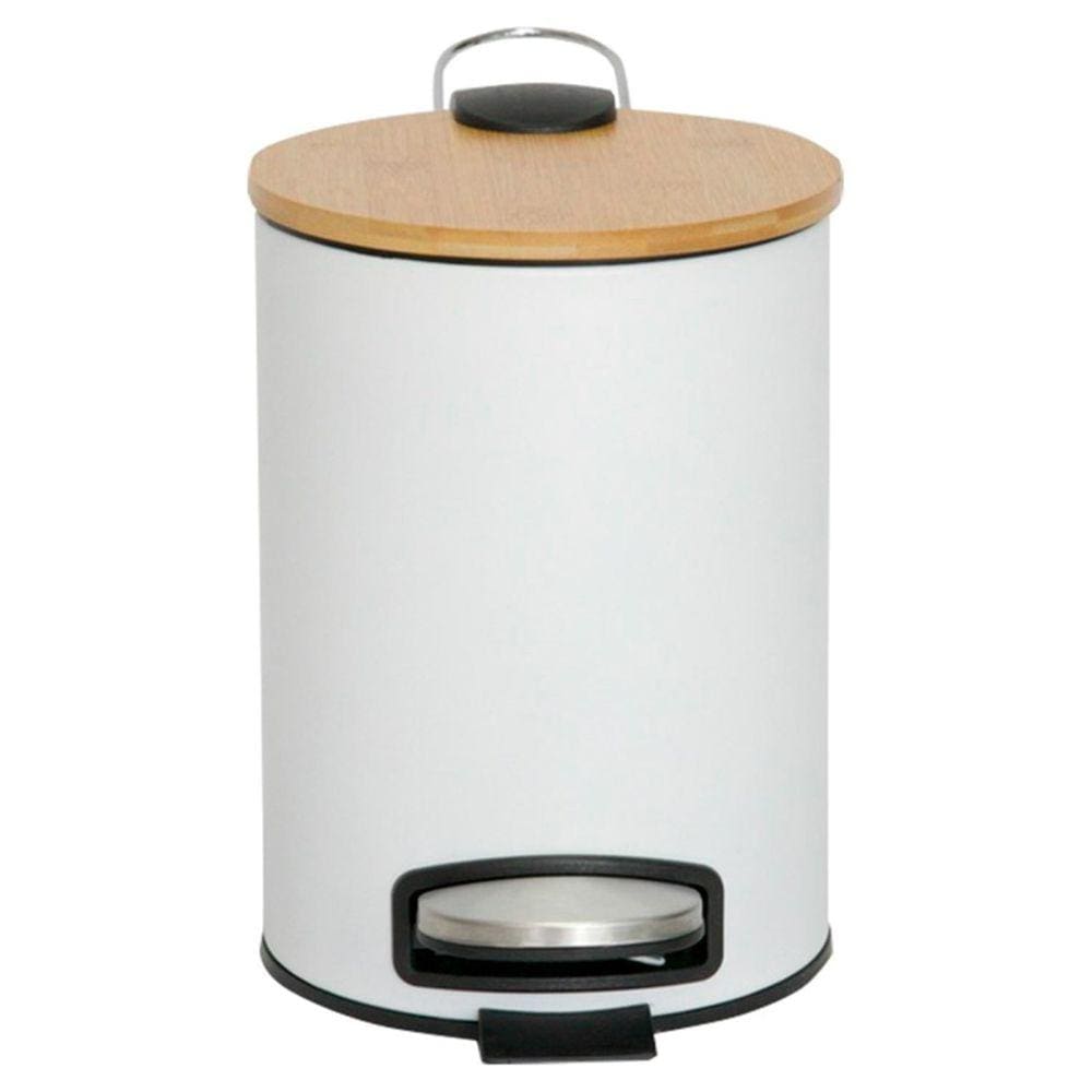 Lixeira em Aço Inox Branca Mimo Style 5 Litros com Tampa Bambu