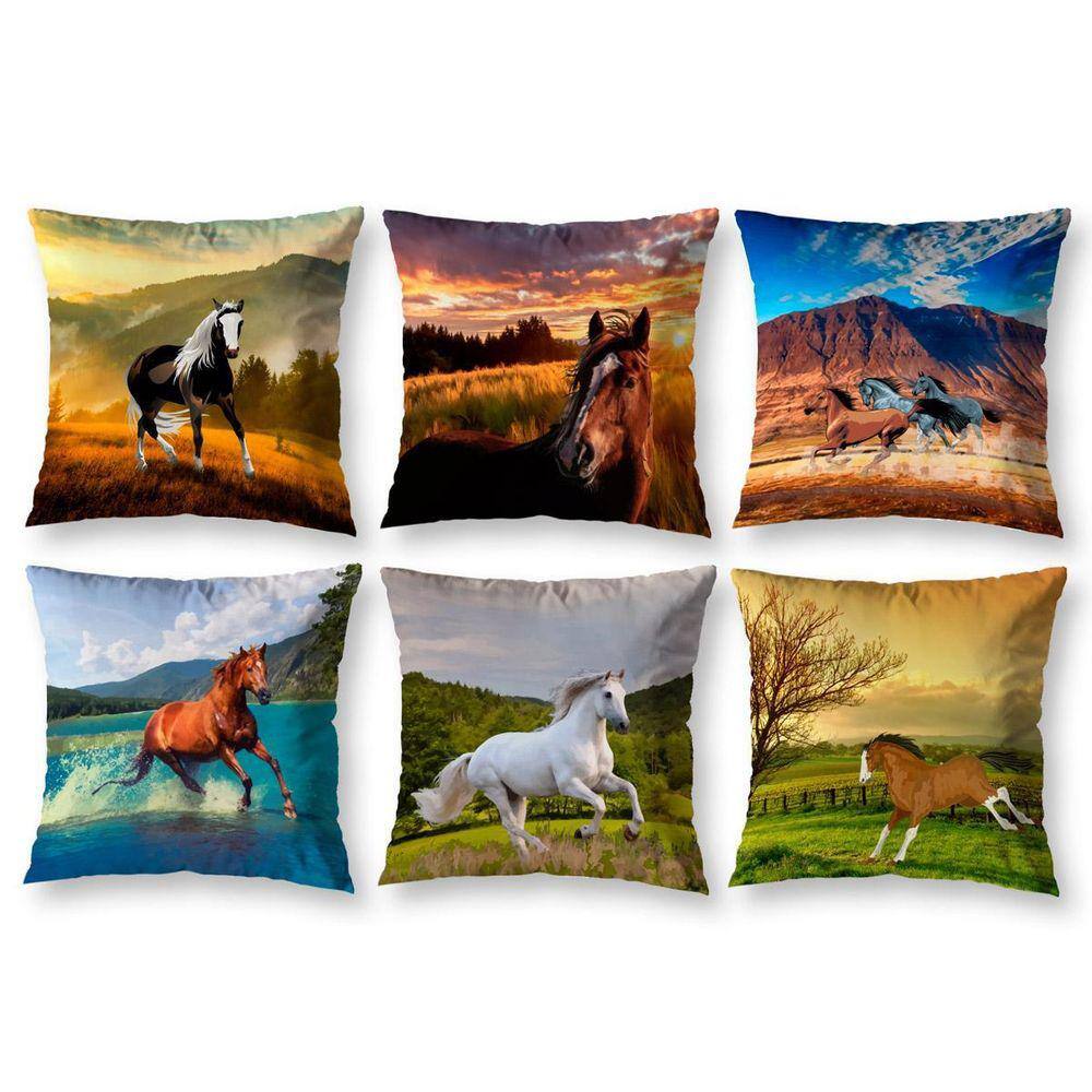Kit 6 Almofadas Cheias 40Cm X 40Cm Estampadas Cavalo