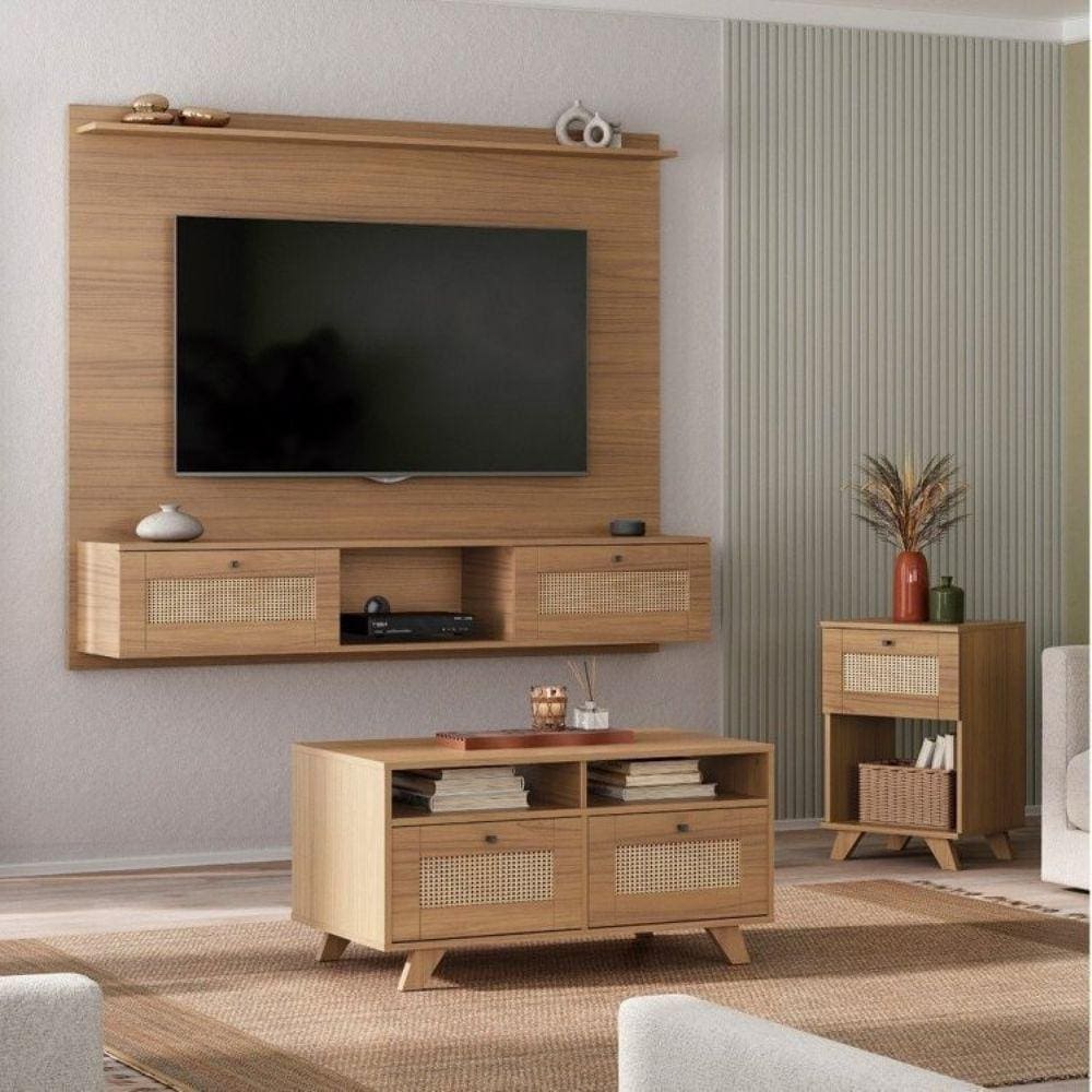 Conjunto Sala de Estar Painel para TV até 72 Polegadas com Mesa de Centro e Mesa de Apoio Trama Carvalho