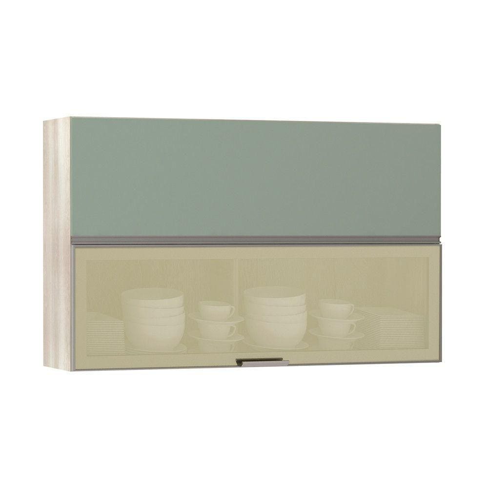 Armário Basculante Misto 120cm 1 Porta Fechada 1 Porta Vidro Bronze Luci Legno Crema Com Verde Jade