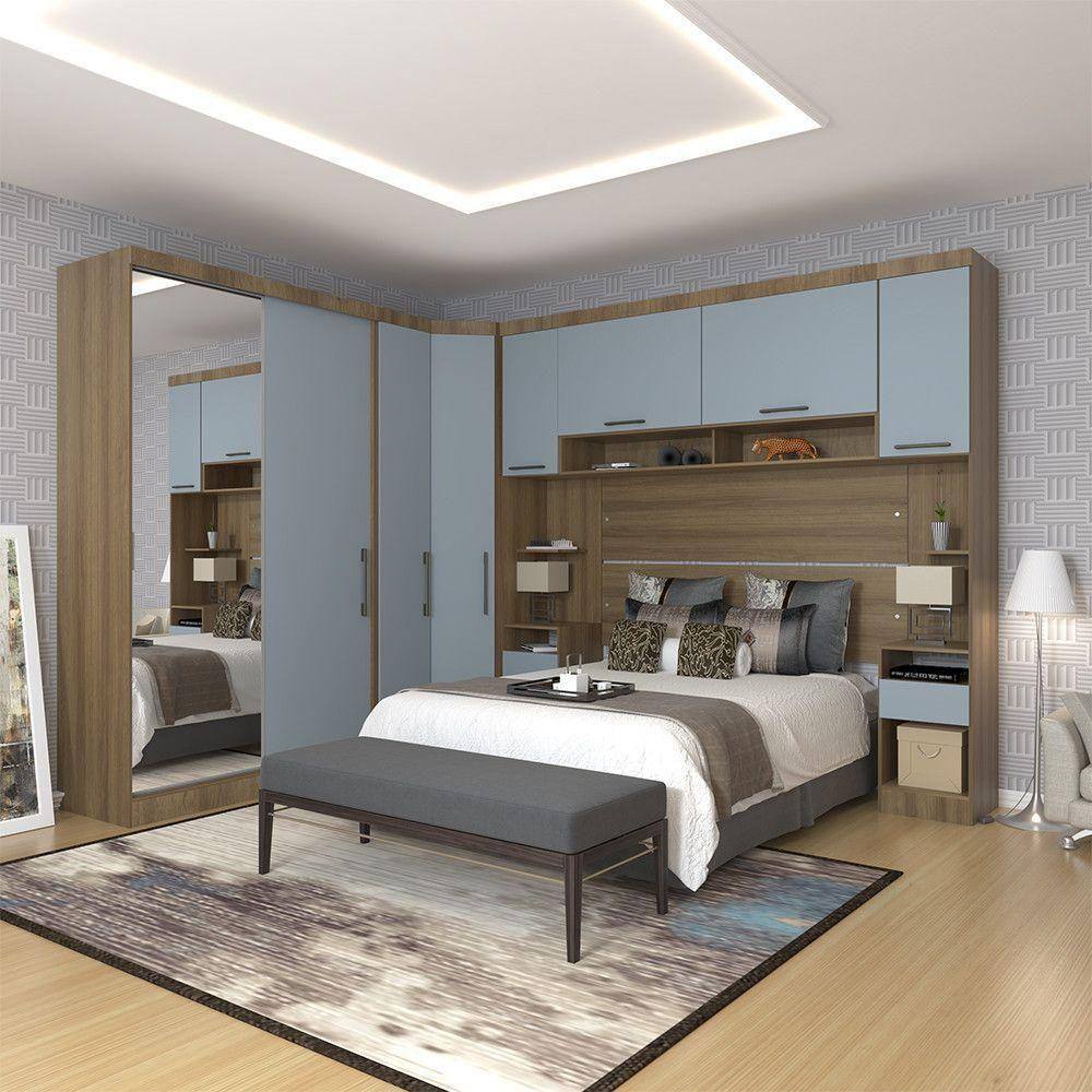 Quarto De Canto Casal Com Guarda Roupas Com Espelho E Mesas De Cabeceira Paris Luciane Móveis Avelã Pf Com Grey Sky Pf