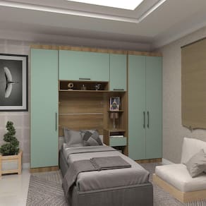 Quarto De Solteiro Com Guarda Roupas E Mesa De Cabeceira Paris Luciane Móveis Avelã Pf Com Verde Pf