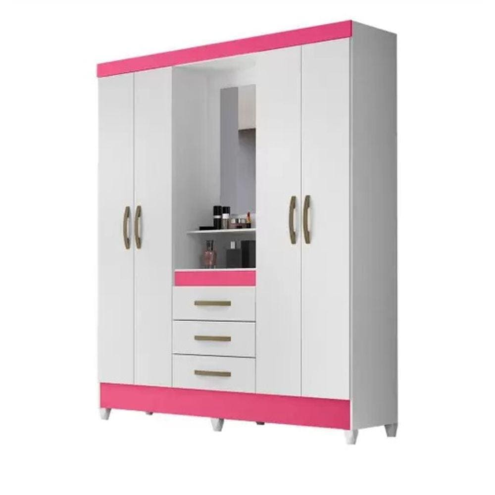 Guarda Roupa 4 Portas, 3 Gavetas; 1,65 m Com Espelho Branco / Rosa ; Moval Capri (831442.3)