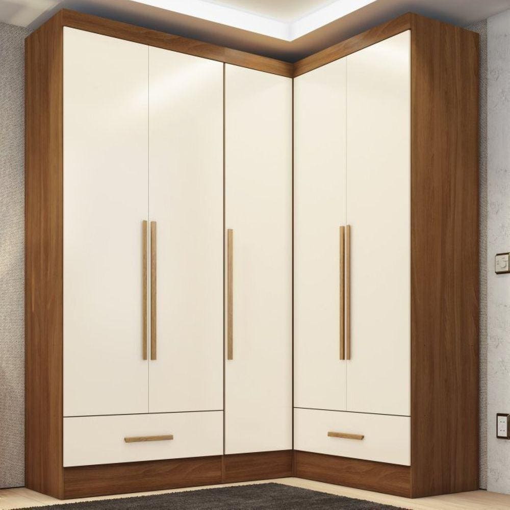 Quarto Modulado De Canto 3 Peças 5 Portas 2 Gavetas Smart Plus Cinamomo/Off White