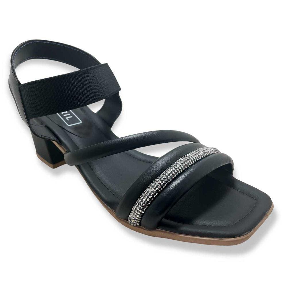 Sandália Feminina Salto Bloco Calce Fácil com Elástico e Strass