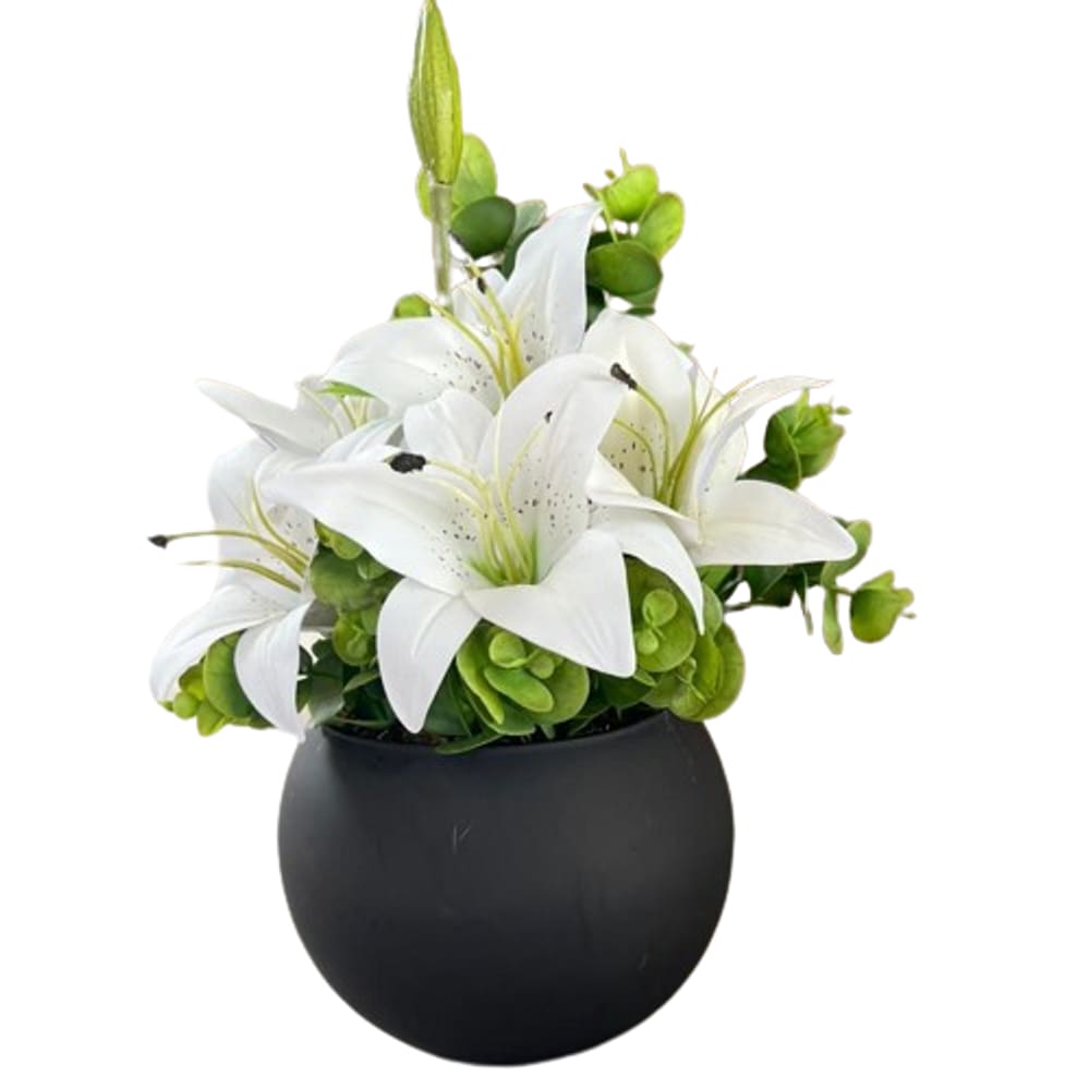 Arranjo Centro de Mesa Lírio Branco Completo Artificial Vaso Preto