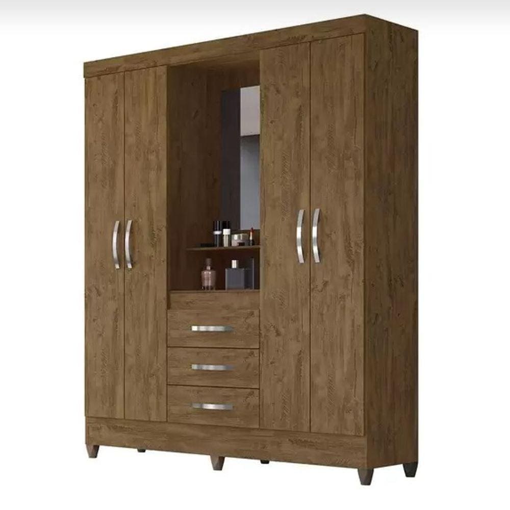 Guarda Roupa 4 Portas, 3 Gavetas; 1,65 m Com Espelho Castanho ; Moval Capri (831331.3)