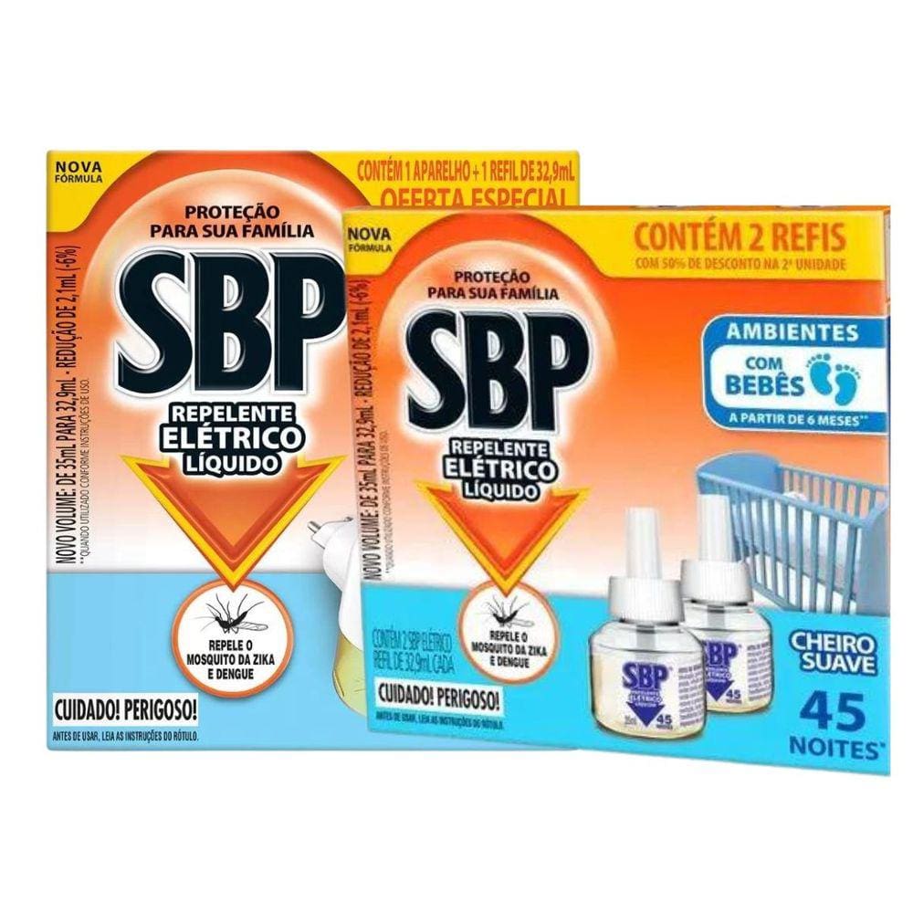 Repelente Elétrico Líquido SBP + 3 Refis SBP Para Repelente Elétrico Cheiro Suave 32,9ml
