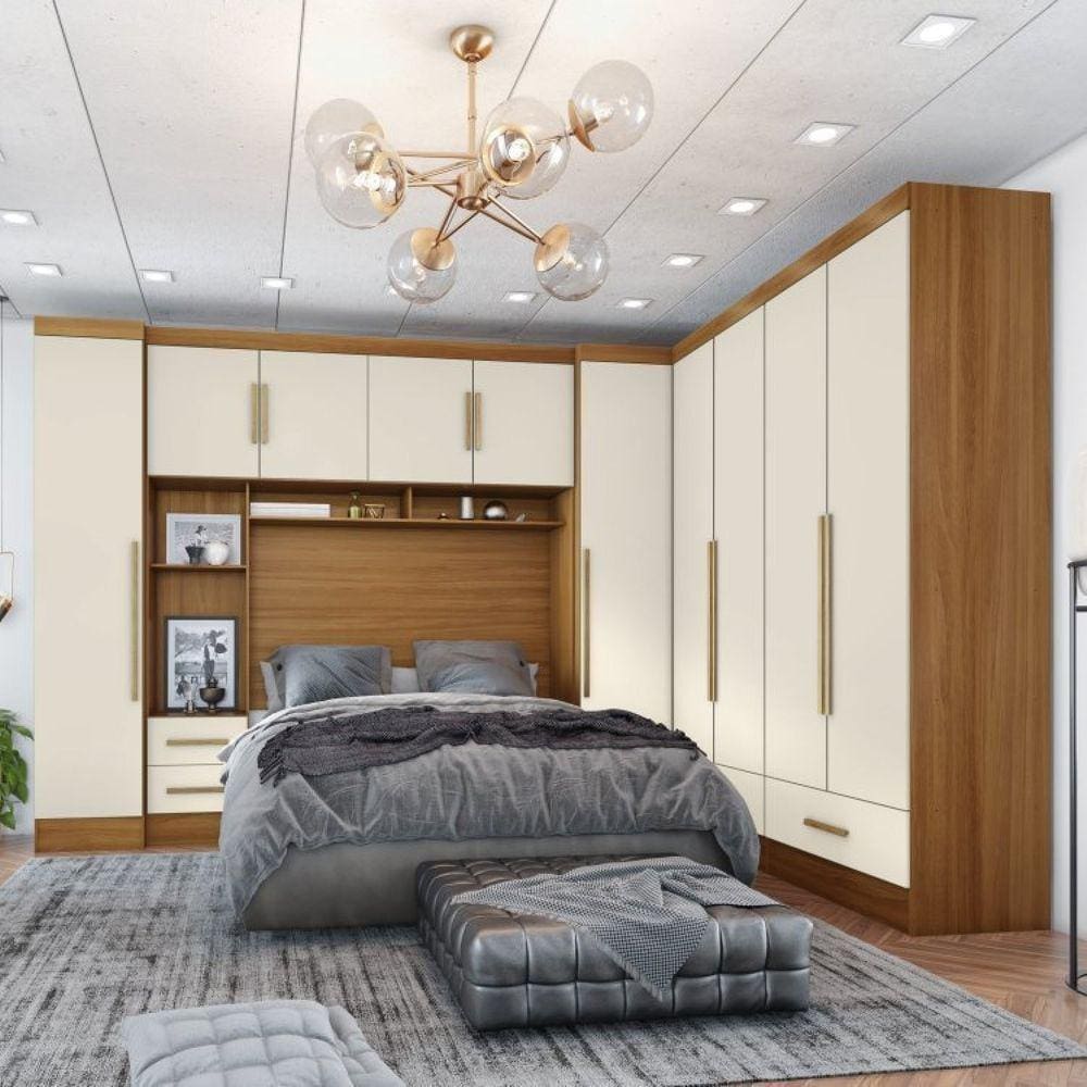 Quarto de Casal Completo 5 Peças 6 Portas 4 Gavetas Com Maleiro Smart Plus Cinamomo/Off White