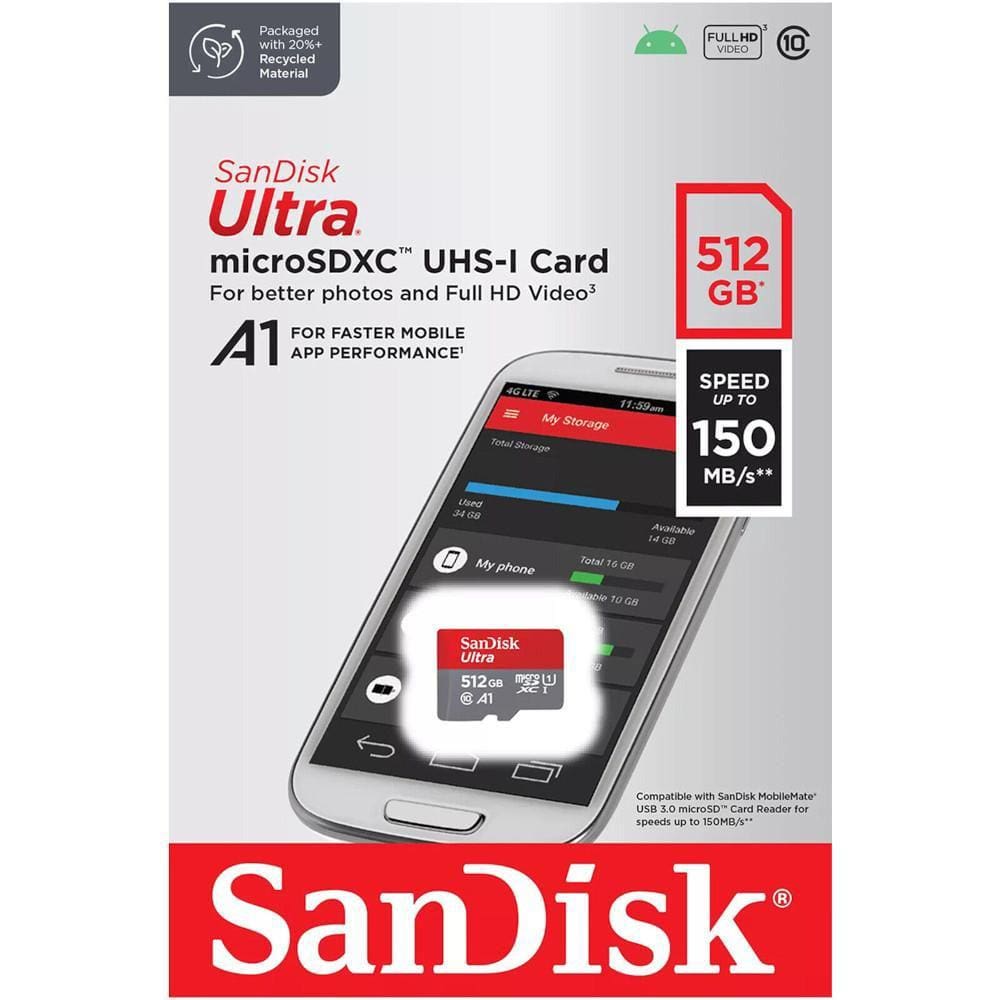 Cartão Micro SD 512GB Sandisk Ultra, Classe 10, SDSQUAC-512G-GN6MA