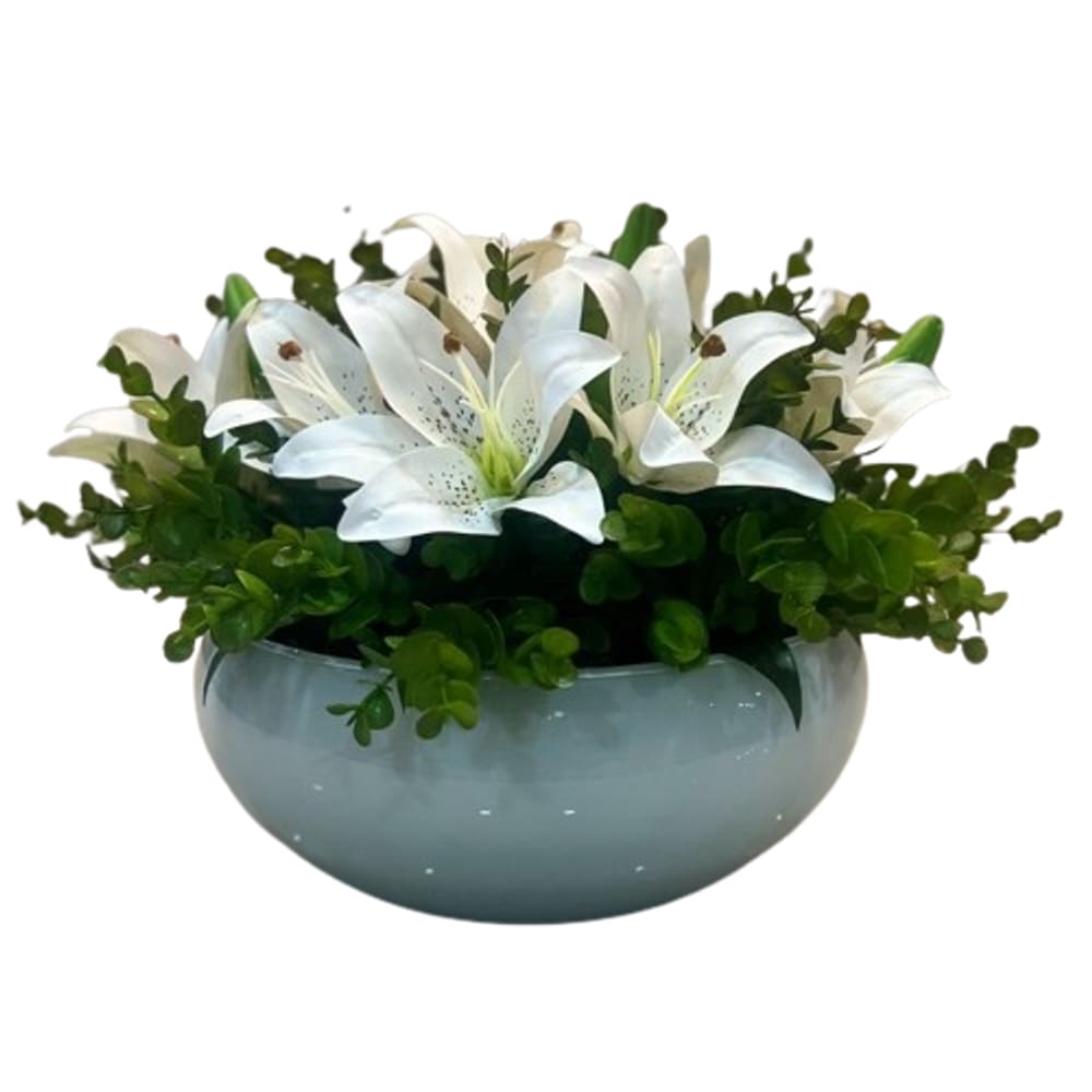 Arranjo Grande Centro de Mesa Lírio Branco Artificial Vaso Branco