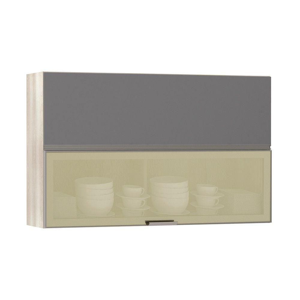 Armário Basculante Misto 120cm 1 Porta Fechada 1 Porta Vidro Bronze Luci Legno Crema Com Cinza Puro