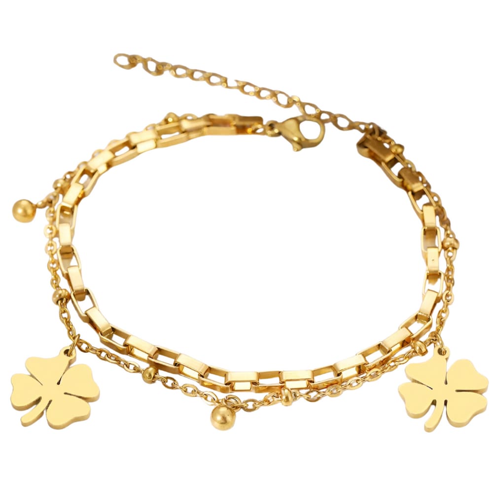 Pulseira Feminina Dupla Trevo Melian Banhada A Ouro 18k Aço