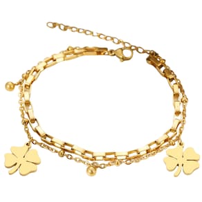 Pulseira Feminina Dupla Trevo Melian Banhada A Ouro 18k Aço