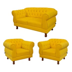 1 Sofá 1,80cm + 2 Poltronas Chesterfield Elisabeth Suede Amarelo