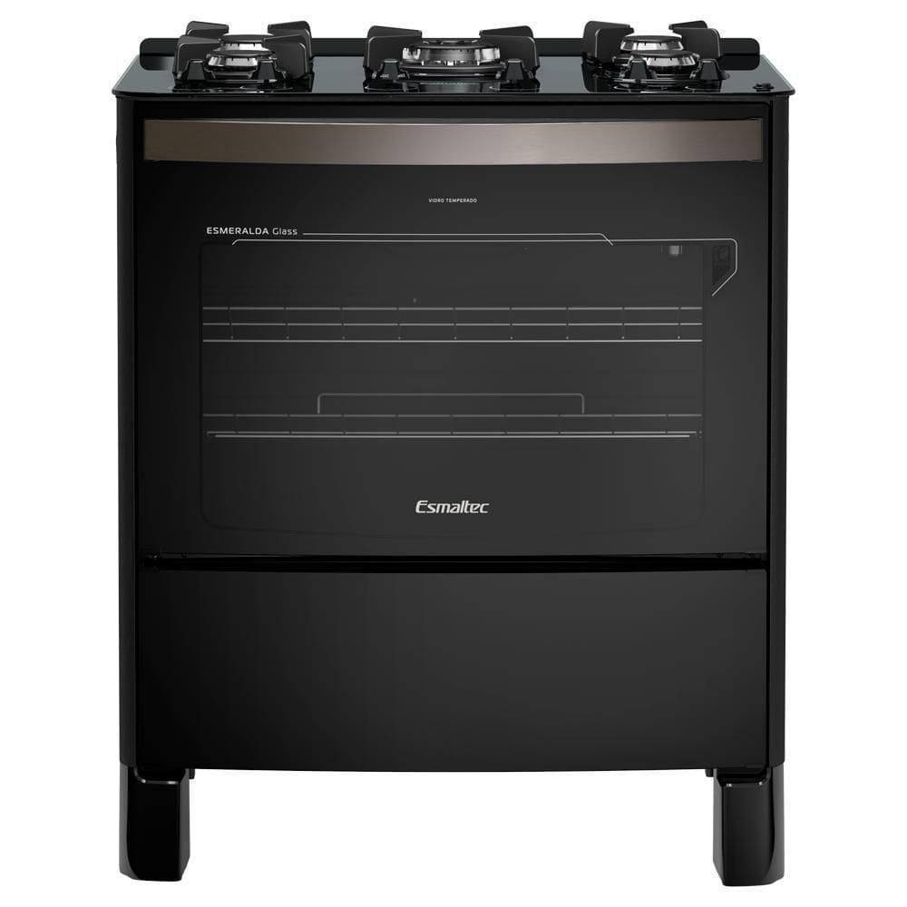 Fogão Esmaltec Esmeralda Glass 5 Bocas Preto Com Forno Autolimpante E Acendimento Automático