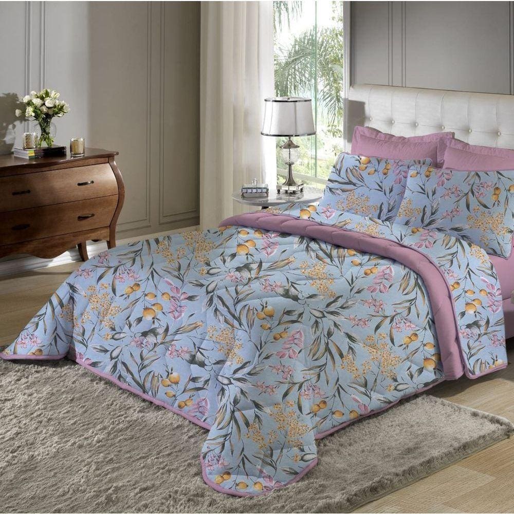 Edredom Em Malha Casal Floral Azul