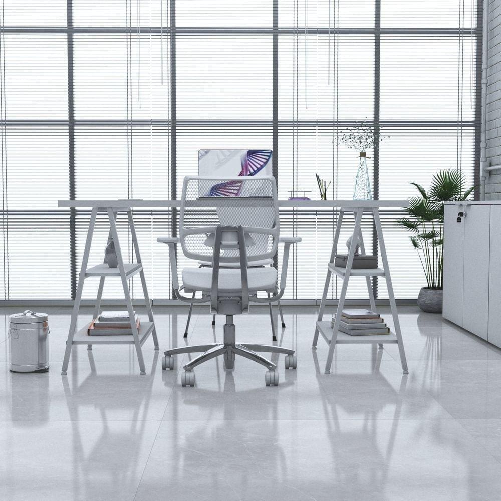 Escrivaninha Cavalete 150cm 4 Prateleiras Estilo Industrial Kuadra Branco Chess / Est.Branca