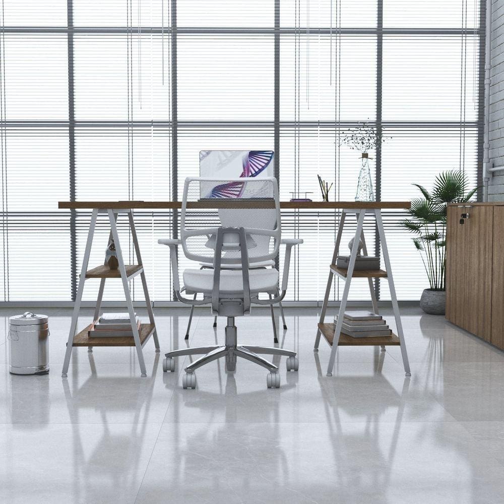 Escrivaninha Cavalete 150cm 4 Prateleiras Estilo Industrial Kuadra Lâmina Mel / Est.Branca