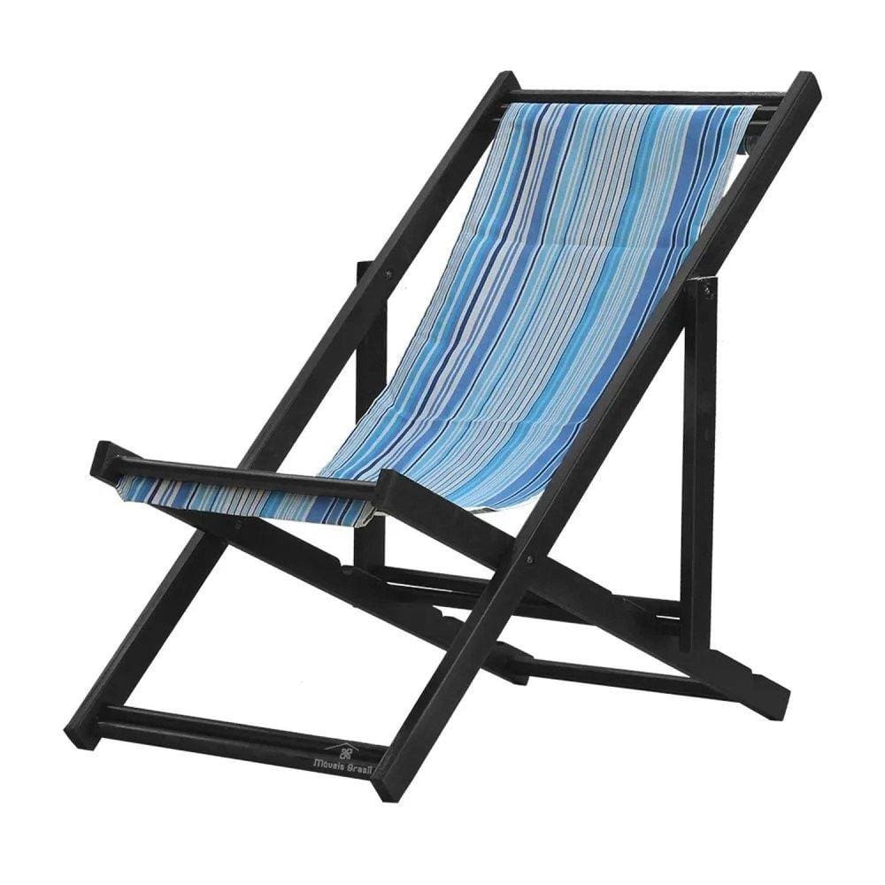 Espreguiçadeira Preguiçosa Dobrável sem Braço Black Tecido Listras Azuis Listras Azuis