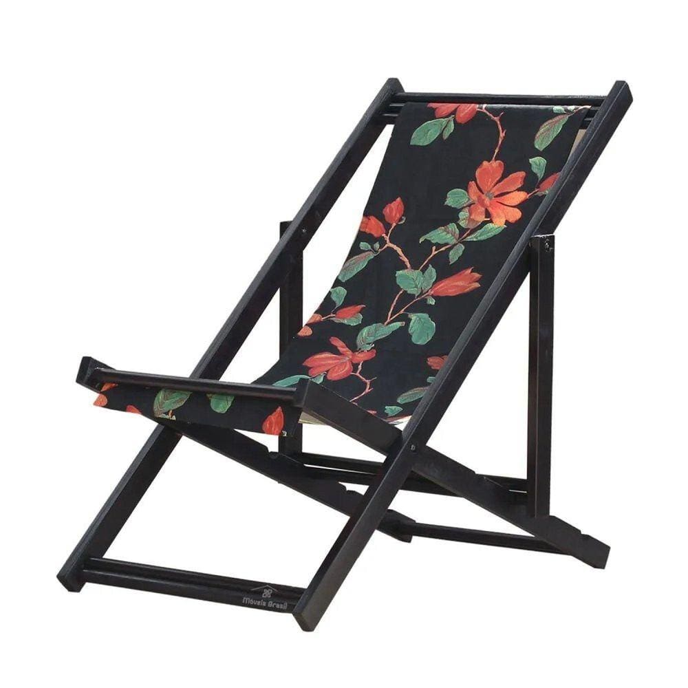 Espreguiçadeira Preguiçosa Dobrável sem Braço Black Tecido Preto Flores Preto Flores