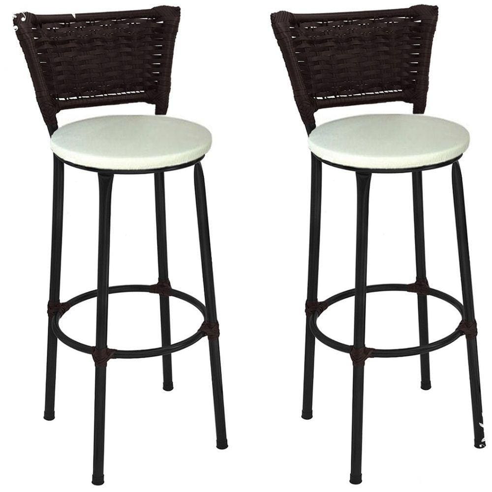 Kit 2 Banquetas Médias Preta com Encosto Junco Argila Assento Branco