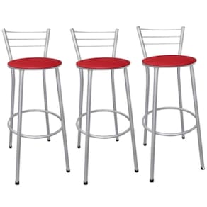 Kit 3 Banquetas Altas Prata com Encosto Assento Vermelho