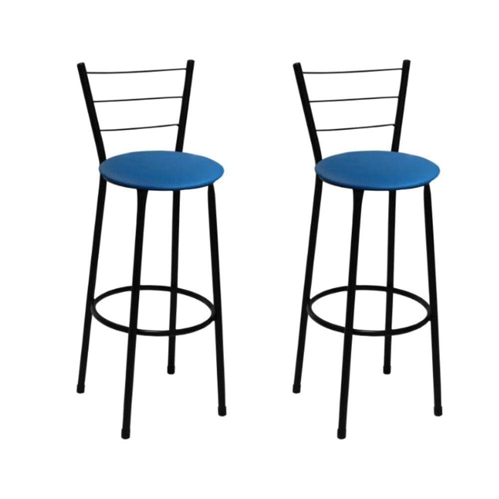 Kit 2 Banquetas Altas Preta com Encosto Assento Azul