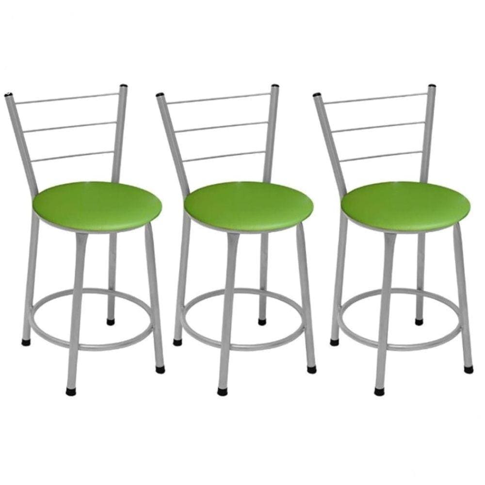 Kit 3 Banquetas Baixas Prata com Encosto Assento Verde