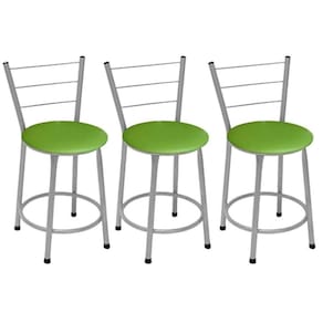 Kit 3 Banquetas Baixas Prata com Encosto Assento Verde