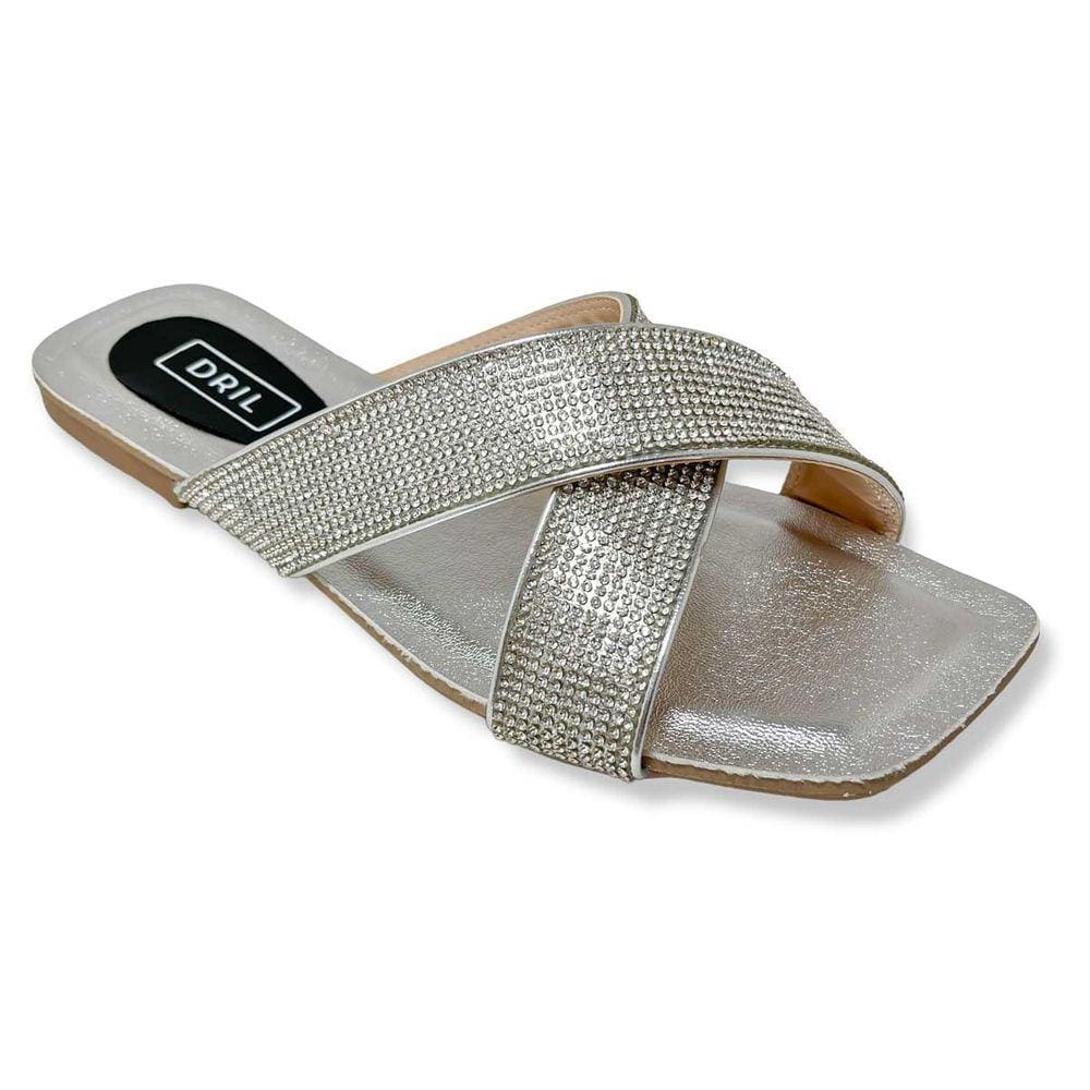 Sandália Rasteira Feminina Tiras Cruzadas Strass Prata