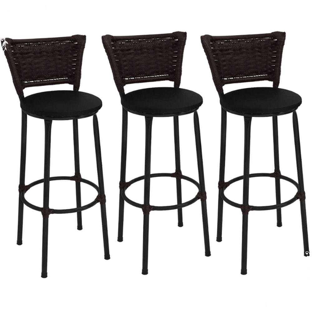 Kit 3 Banquetas Médias Preta com Encosto Junco Argila Assento Preto