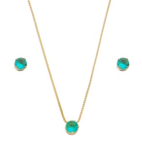 Kit Colar e Brinco VSA Semijoias com ponto de luz no formato redondo (5 mm) cor verde Folheado a Ouro 18K