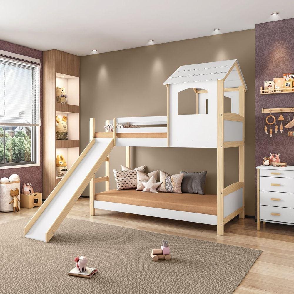 Beliche Infantil Casinha Com Escorregador Madeira e MDF - Casatema Branco/Natural