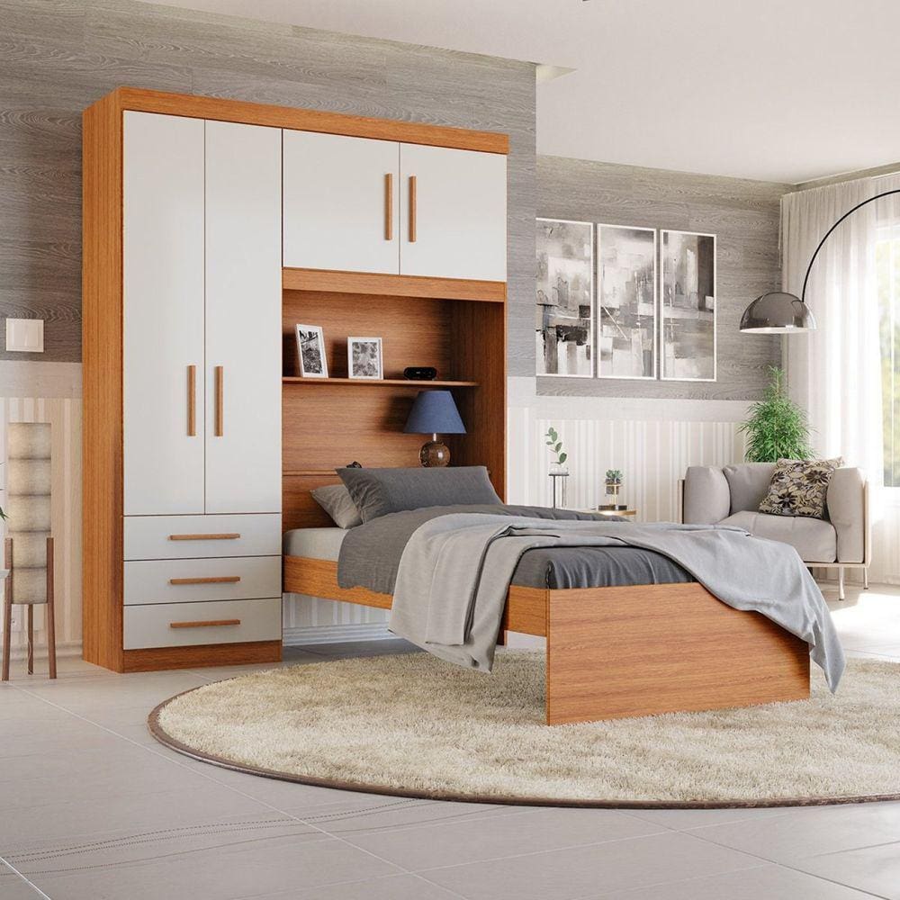 Guarda-Roupa Solteiro com Cama Solteiro 4 Portas 3 Gavetas Advantage Freijó Wood/Off-White