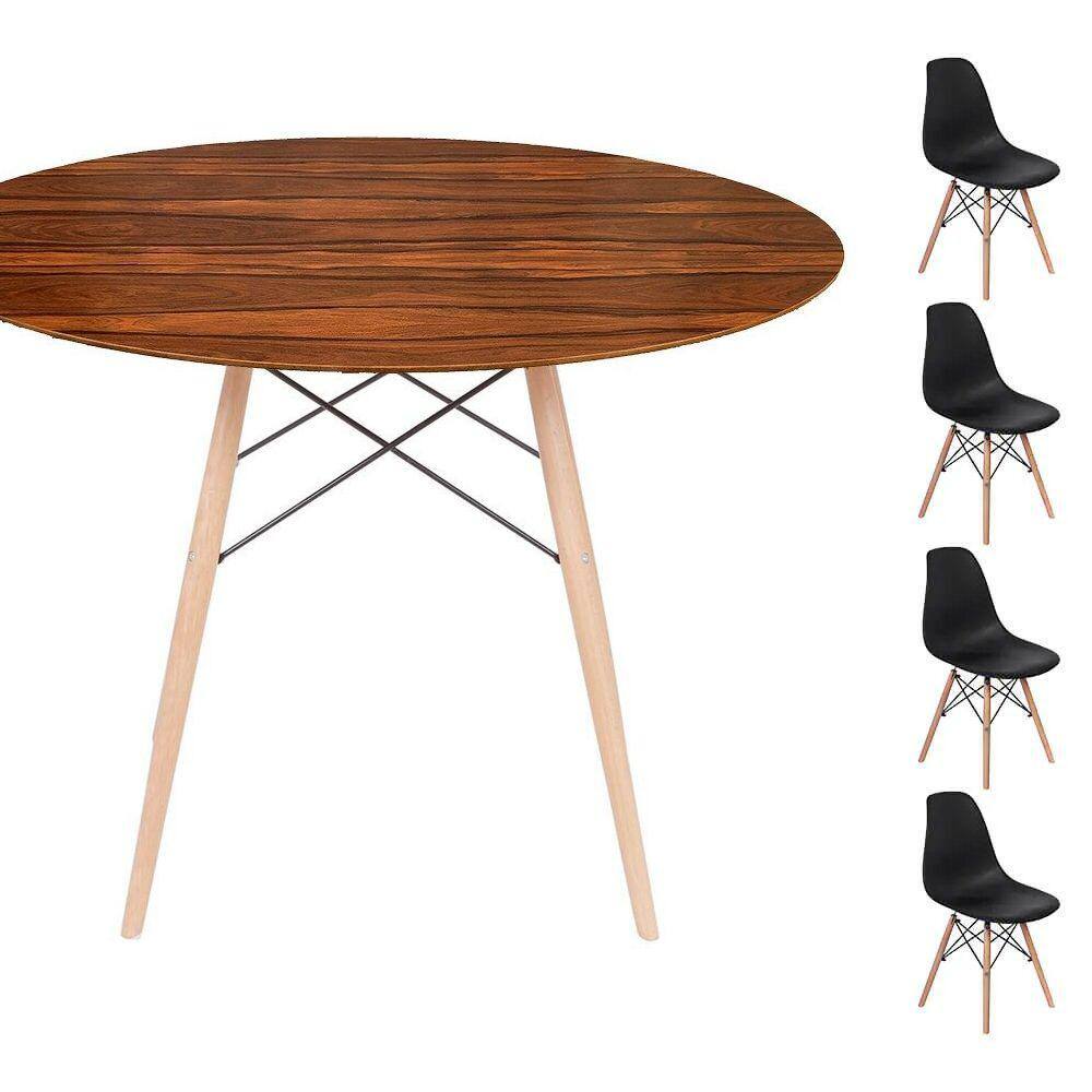 Conjunto Mesa Eames Eiffel DSW Redonda Pau Ferro 120cm + 4 Cadeiras Eames DSW - Preta