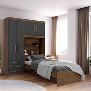 Guarda-Roupa Solteiro com Cama Solteiro 4 Portas 3 Gavetas Advantage Ipê Wood/Grafite