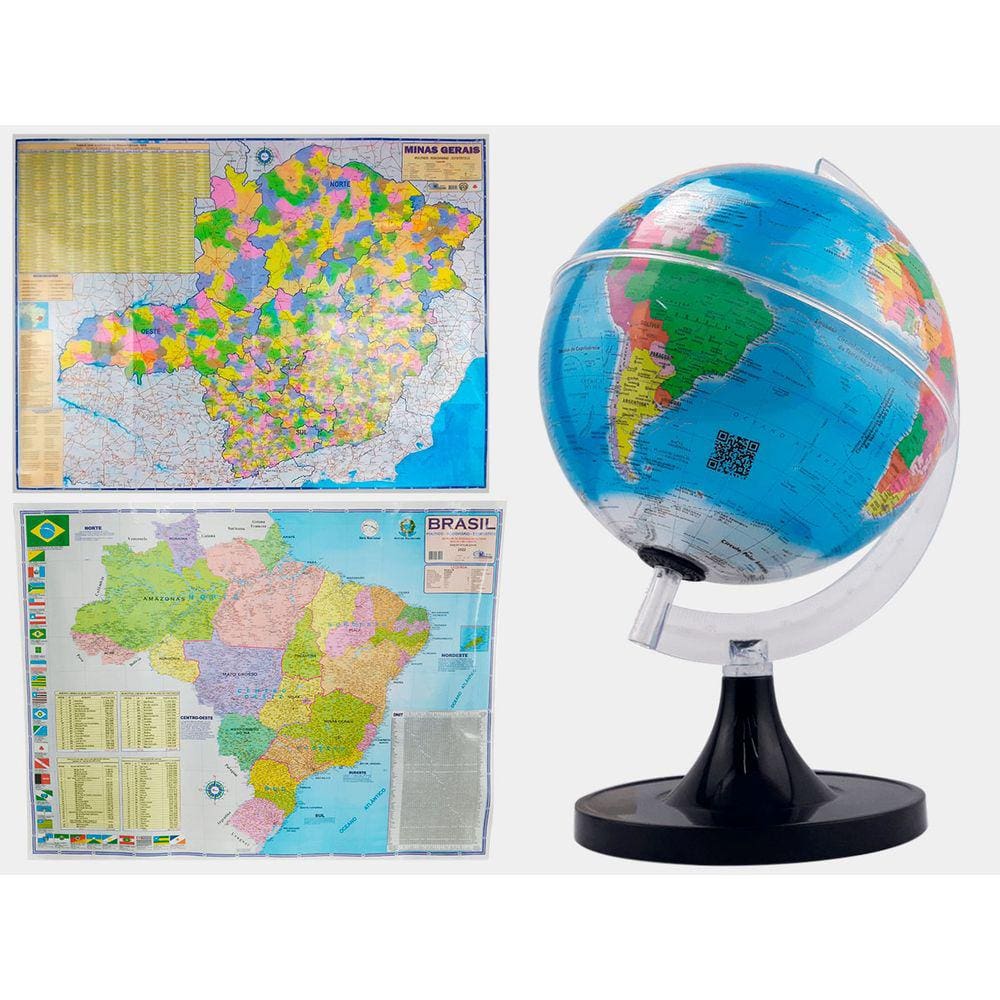Kit Globo Terrestre 21cm Profissional + Mapa de Minas Gerais + Mapa do Brasil 120x90cm Atualizado Escolar