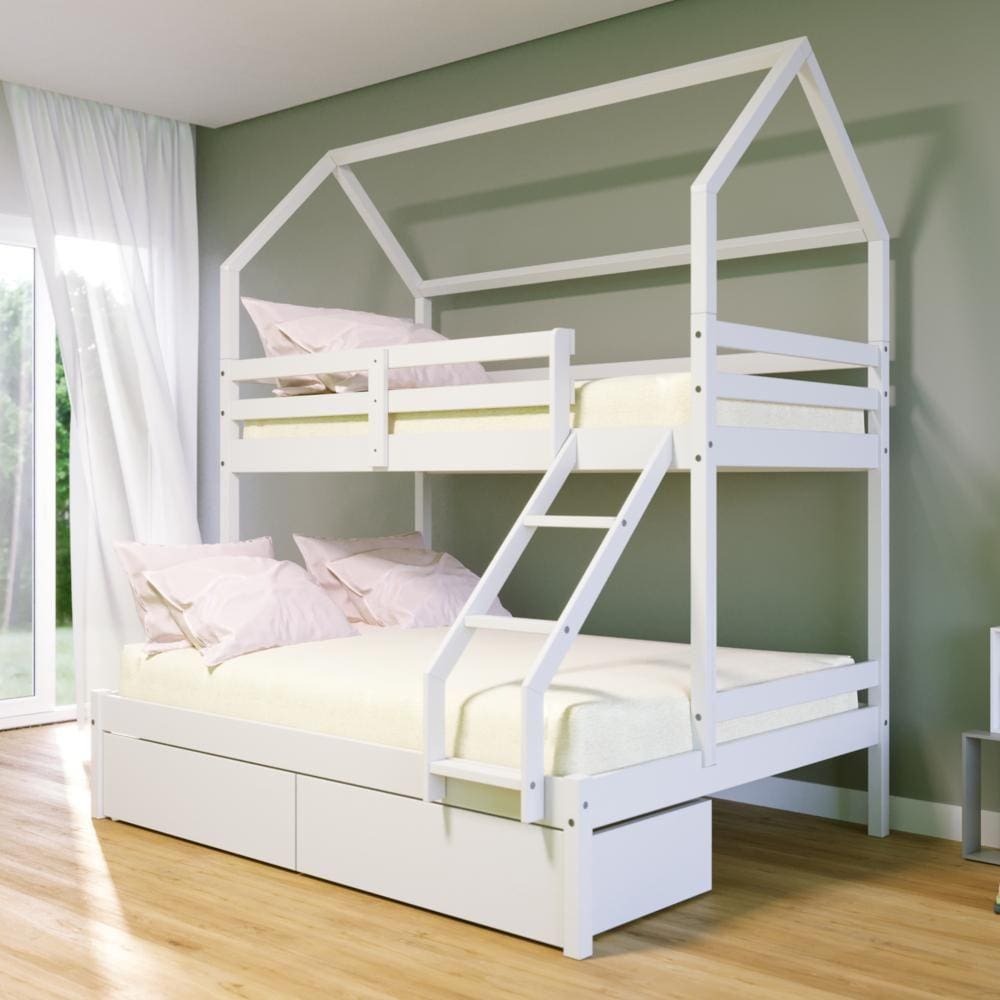 Beliche Casinha Casal/Solteiro Slim RB com 02 Gavetas Madeira Maciça Branco Housin