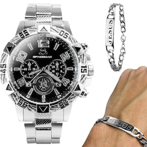 Relogio Masculino Prata Aço Inoxidavel + Pulseira Pai Nosso