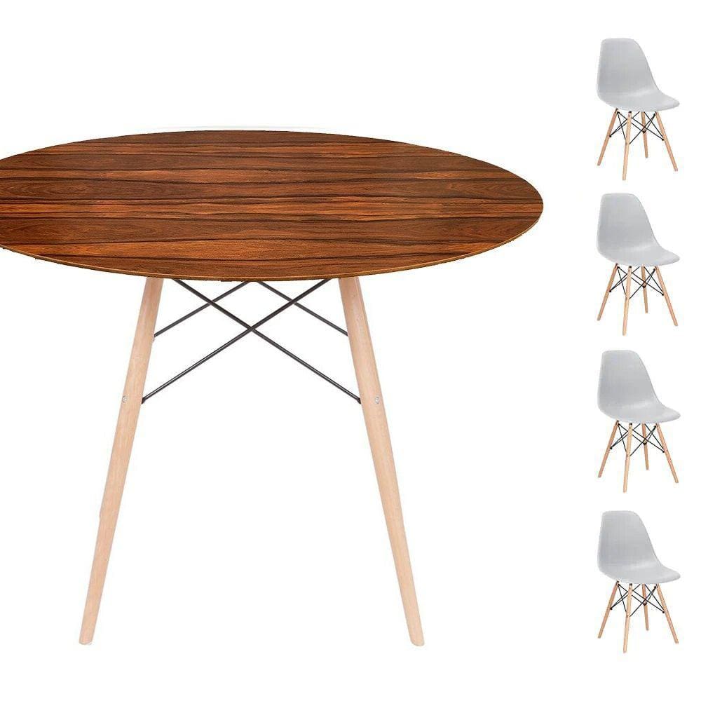 Conjunto Mesa Eames Eiffel DSW Redonda Pau Ferro 90cm + 4 Cadeiras Eames DSW - Cinza