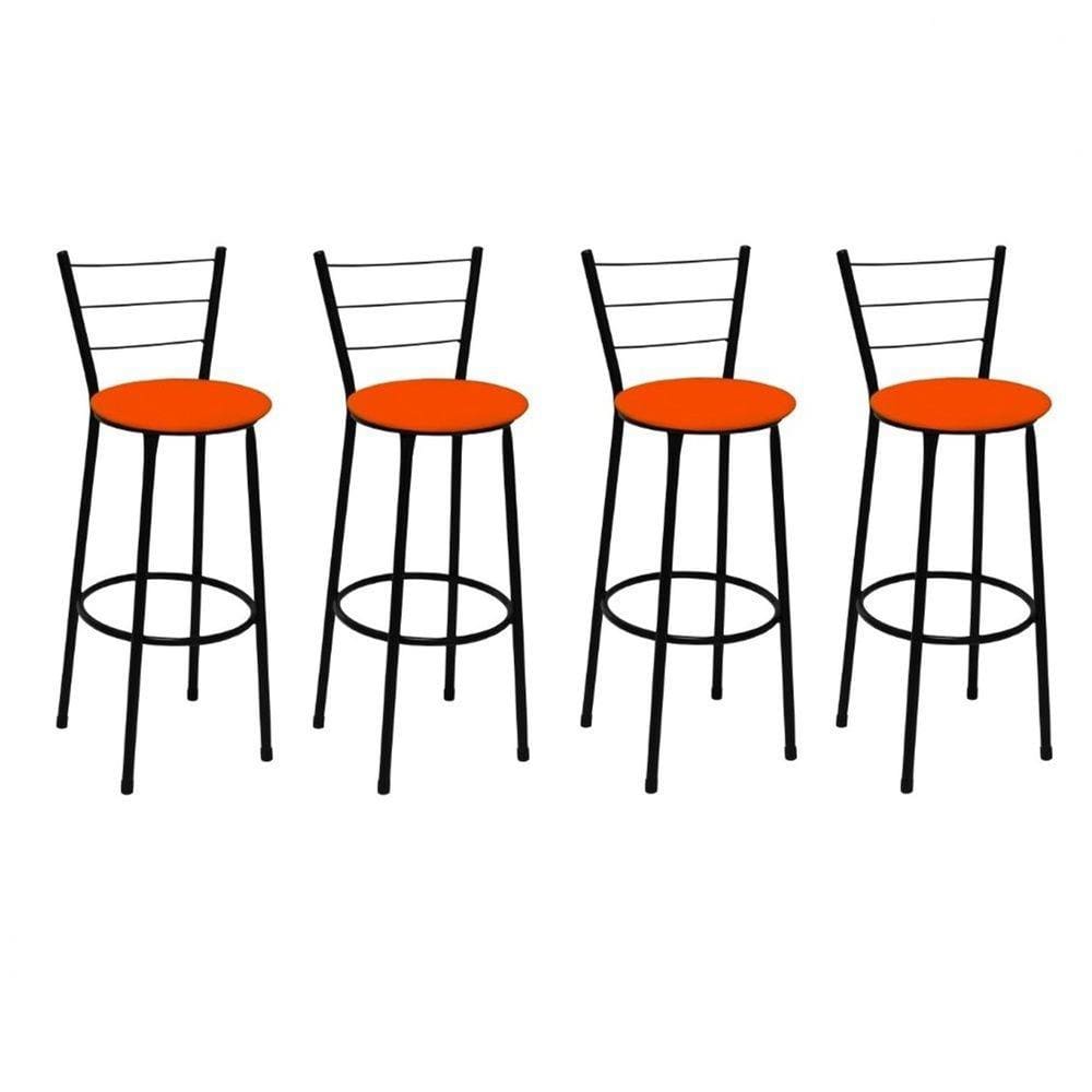 Kit 4 Banquetas Altas Preta com Encosto Assento Laranja